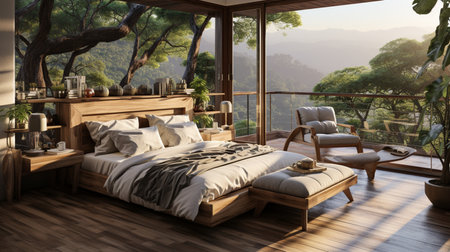 A bedroom with a bed and a chair in front of a sliding glass door. Created by Generative AI Toolsの素材