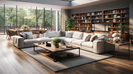 Large living room with a large white corner sofa and TV unit, dining area with dining table. Created by Generative AI Toolsの素材