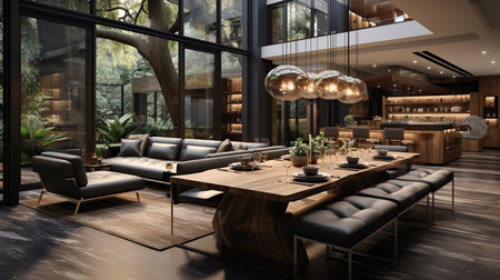 Contemporary modern dining room and living room with luxury decor. Created by Generative AI Toolsの素材
