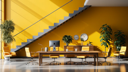 Business meeting and yellow working room with stair. Created by Generative AI Toolsの素材