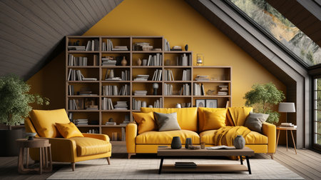 Loft luxury living room with yellow armchair with bookshelf. Created by Generative AI Toolsの素材