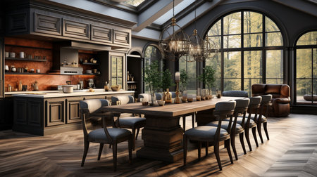 Dining room and kitchen with luxury decor. Created by Generative AI Toolsの素材