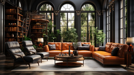 Luxury and modern living room with leather sofa and lamp and wood decor loft style. Created by Generative AI Toolsの素材