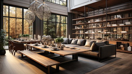 Modern dining room and living room with luxury decor and green sofa. Created by Generative AI Toolsの素材