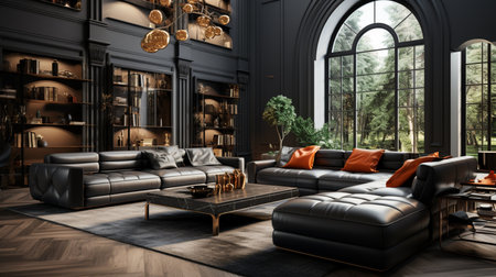 Luxury and modern living room with leather sofa. Created by Generative AI Toolsの素材