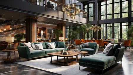 Modern dining room and living room with luxury decor and green sofa. Created by Generative AI Toolsの素材