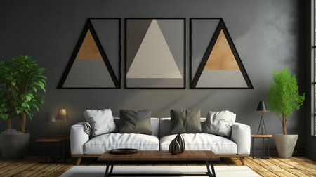 Room interior design with collection of blank picture frames on the wall. Created by Generative AI Toolsの素材
