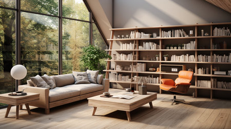 Loft Scandinavian living room with working table and bookshelf. Created by Generative AI Toolsの素材