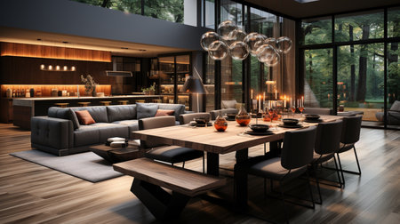 Modern dining room and kitchen with living room with luxury decor. Created by Generative AI Toolsの素材