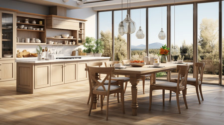 Scandinavian vintage modern kitchen with dining area. Created by Generative AI Toolsの素材