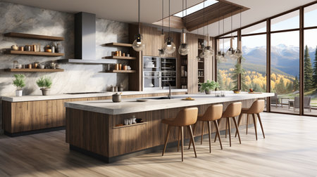 White modern and luxury design kitchen with dining table and shelf. Created by Generative AI Toolsの素材