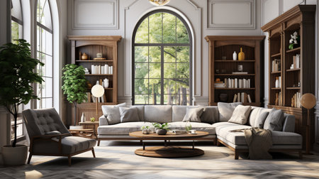 Wood classic living room with marble tiles and bookshelf. Created by Generative AI Toolsの素材