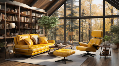 Loft luxury living room with yellow armchair with bookshelf. Created by Generative AI Toolsの素材