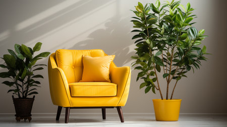 A yellow chair in a white room with a plant on the wall. Generative AIの素材