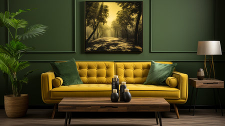 A green living room with a green couch and two pictures on the wall. Generative AIの素材