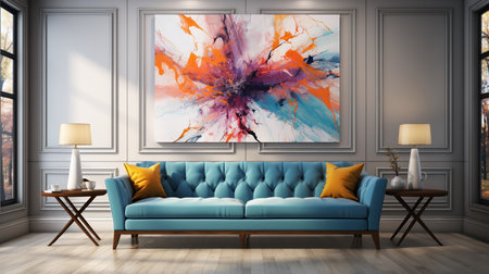 A living room with a blue couch and a white wall with a painting on it. Generative AIの素材