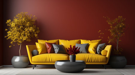A Crimson Couch and Coffee Table Potted Plants Golden Yellow Theme Wall Minimalist Room. Generative AIの素材