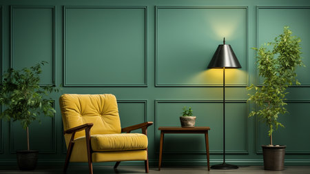 A green wall with a lamp and a green chair in the corner. Generative AIの素材