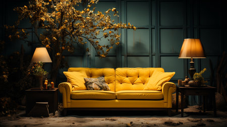 A living room with a yellow couch and a lamp with a leaf design on it. Generative AIの素材