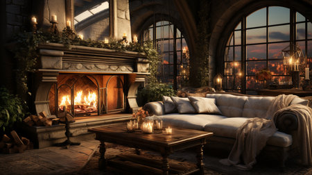 A living room with a fireplace and a mirror. Generative AIの素材
