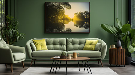 A green living room with a green couch and two pictures on the wall. Generative AIの素材