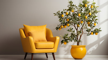 A yellow chair in a white room with a plant on the wall. Generative AIの素材
