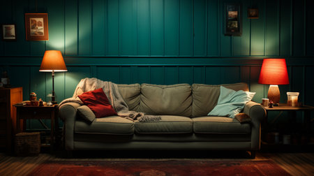 A living room with a couch and a lamp on the wall. Generative AIの素材
