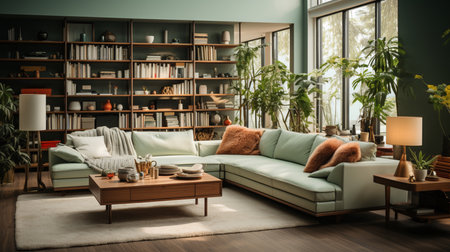 A living room with a white desk and a green sofa. Generative AIの素材