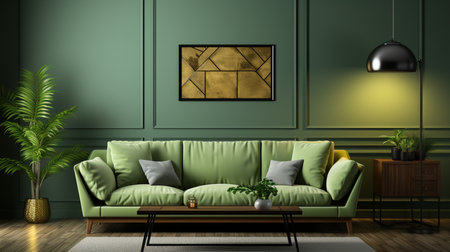 A green living room with a green couch and two pictures on the wall. Generative AIの素材