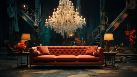A living room with a chandelier and a couch with a number of pillows and a large chandelier. Generative AIの素材