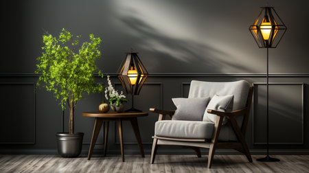 A gray room with a sofa chairs standing lamp tiny wood table and decorative items in black and white. Generative AIの素材