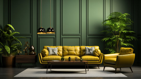 A living room with a green wall and a green sofa with a plant on it. Generative AIの素材