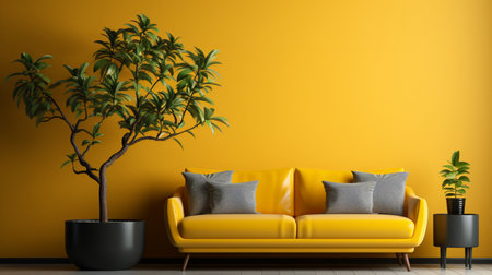 A yellow couch in a living room with a plant on the wall. Generative AIの素材
