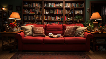A living room with a red couch, a coffee table, and a bookcase with a picture on it. Generative AIの素材