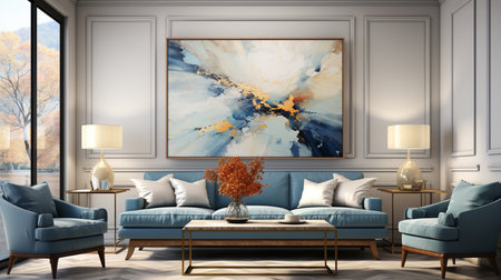 A living room with a blue couch and a white wall with a painting on it. Generative AIの素材