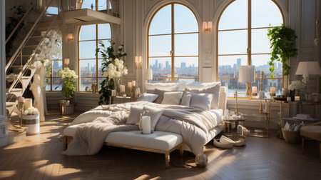 A bedroom with a large bed and a large window with gold trim. Generative AIの素材
