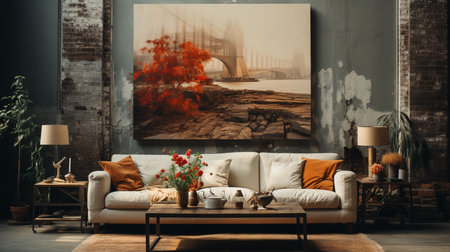 A painting on a wall shows a living room with a couch and a coffee table. Generative AIの素材