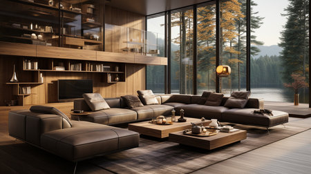 Comfortable modern living room with elegant wood design. Generative AIの素材