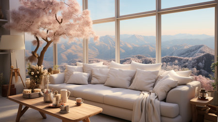 A large room with a large window and a couch with pillows on it. Generative AIの素材