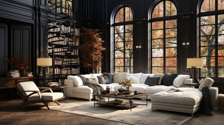 A living room with a large window that has a large black table and a white couch. Generative AIの素材