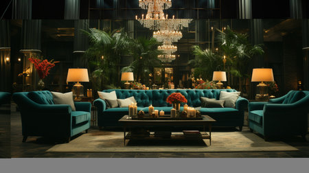 A living room with a large couch and a large chandelier. Generative AIの素材