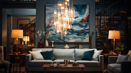 A living room with a large picture of a chandelier and a lamp. Generative AIの素材