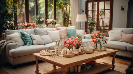 Cozy living room with comfortable seating and a stylish coffee table. Generative AIの素材