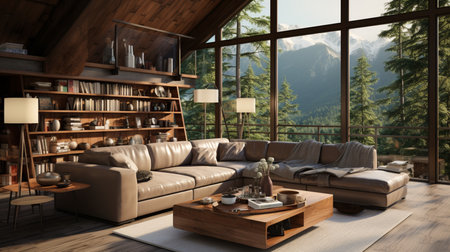 Cozy living room interior with panoramic window. Generative AIの素材
