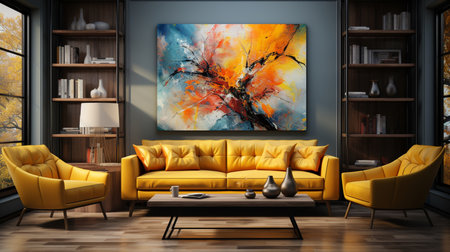 Cozy living room with a vibrant yellow couch and an eye catching painting as a focal point. Generative AIの素材