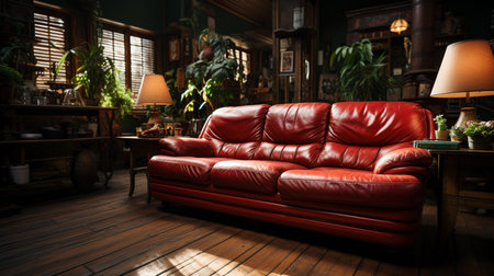 A living room with a red couch and a red chair. Generative AIの素材
