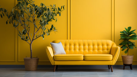 A yellow couch in a living room with a plant on the wall. Generative AIの素材