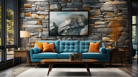 Cozy living room with a blue couch and stone wall decor. Generative AIの素材