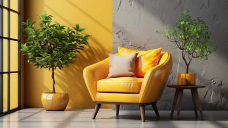 A yellow chair in a living room with a plant on the side table. Generative AIの素材