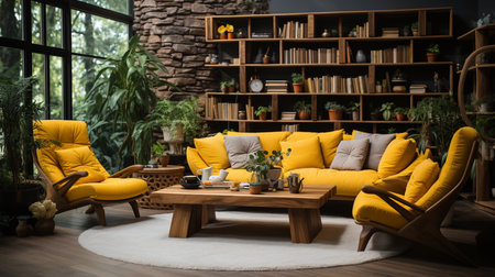 Cozy living room with bright yellow chairs and a wooden coffee table. Generative AIの素材